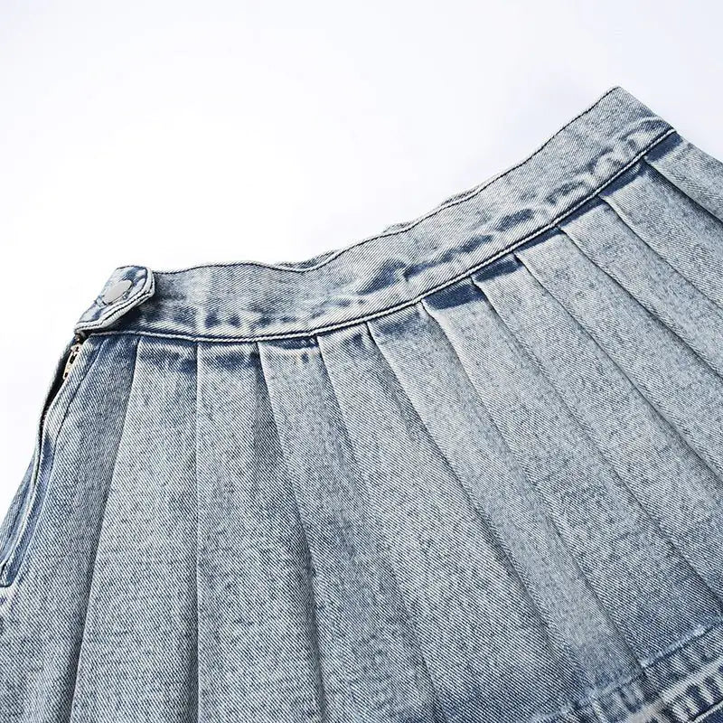 Pleated Washed Denim Mini Skirt