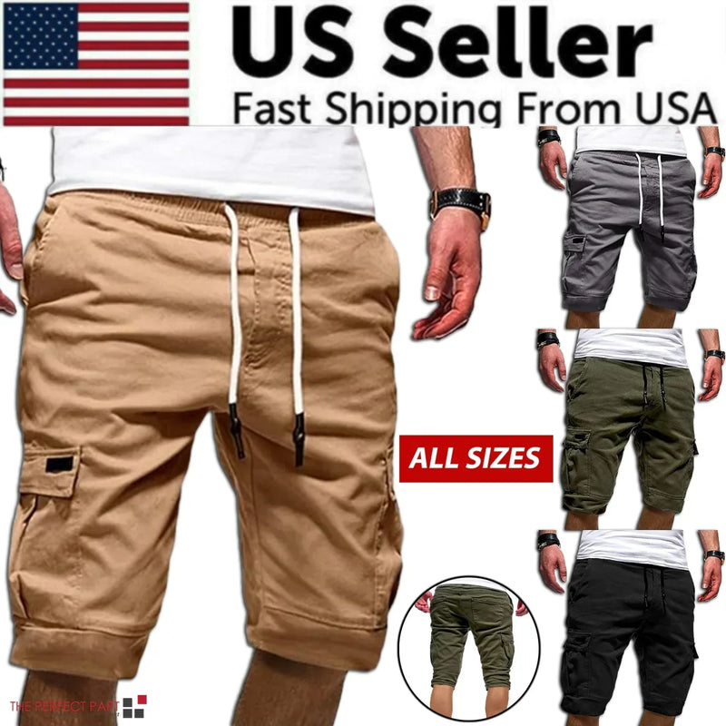 Men Casual Chino Cargo Shorts Elastic Waist Drawstring 6 Pockets