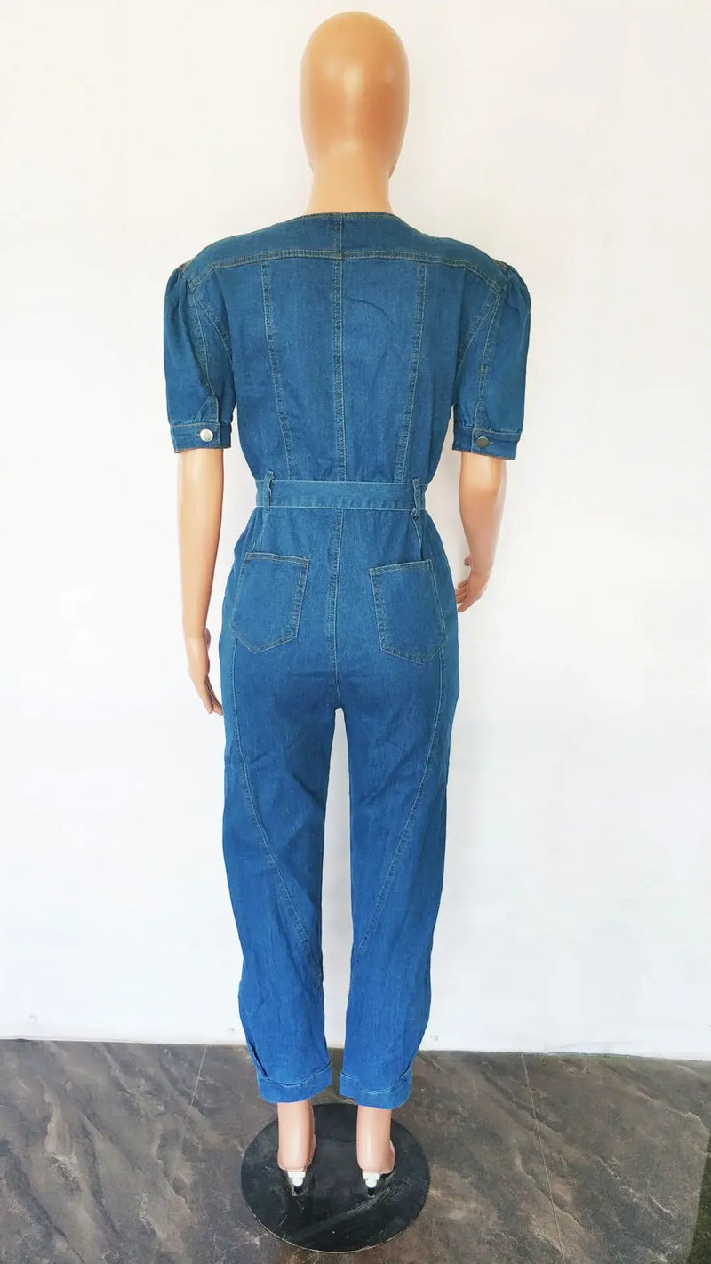 Blue V-Neck Denim Overalls