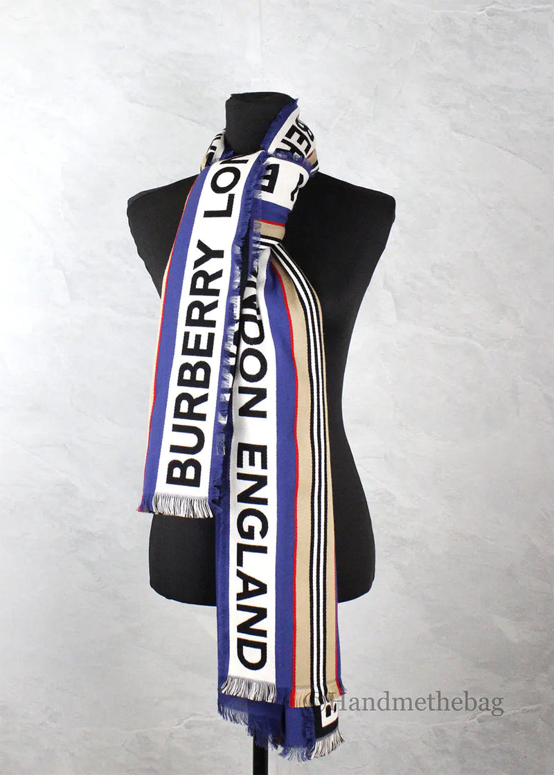 Burberry Ribbon Denim Blue England Heritage Stripe Cotton Scarf