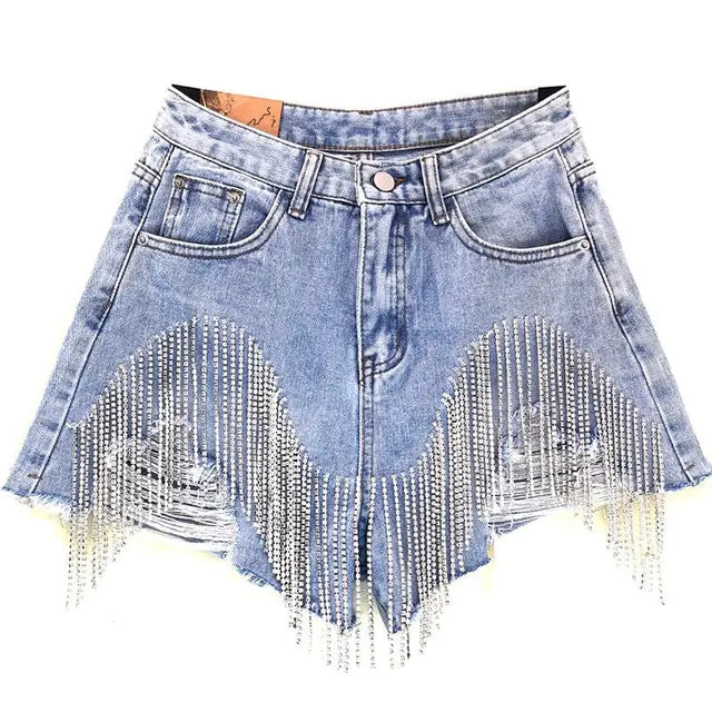 Tassel Rhinestone Denim Shorts