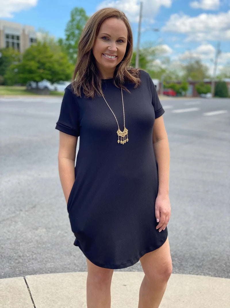 ROLLED SHORT SLEEVE ROUND NECK DRESS