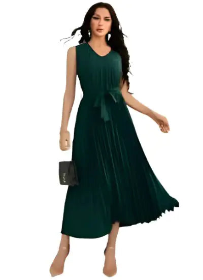 Women's 2023 Summer Sleeveless Halter Neck Pleated Midi Cocktail Dress A Line Flowy Beach Sun Dress with Belt