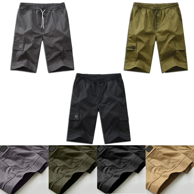 Men Casual Chino Cargo Shorts Elastic Waist Drawstring 6 Pockets