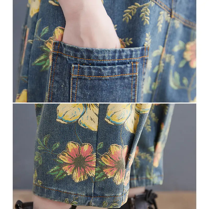 Patchwork Floral Denim Jumpsuit