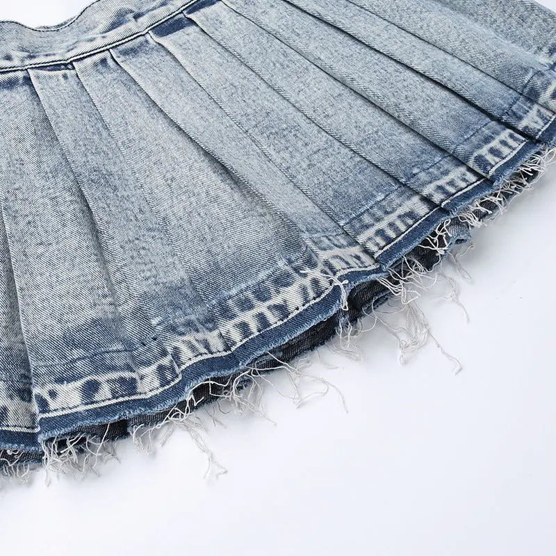 Pleated Washed Denim Mini Skirt