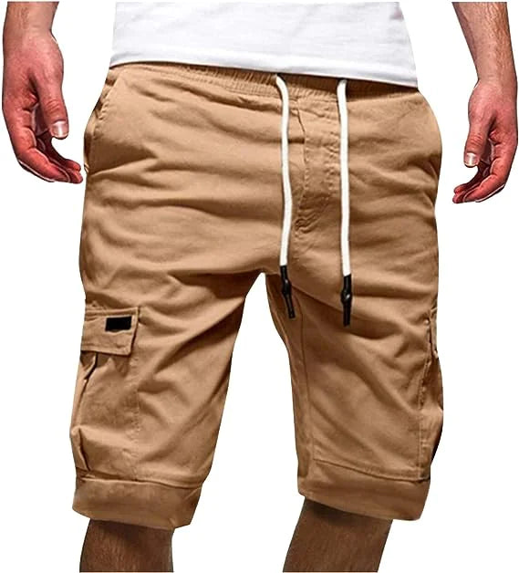 Men Casual Chino Cargo Shorts Elastic Waist Drawstring 6 Pockets