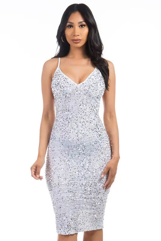 SEXY SEQUIN PARTY DRESS - V-Neck, Sleeveless, Fashion Style