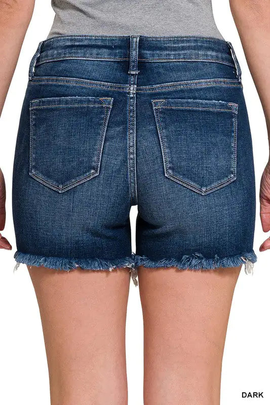 ZENANA MID RISE RAW FRAYED HEM DENIM SHORTS