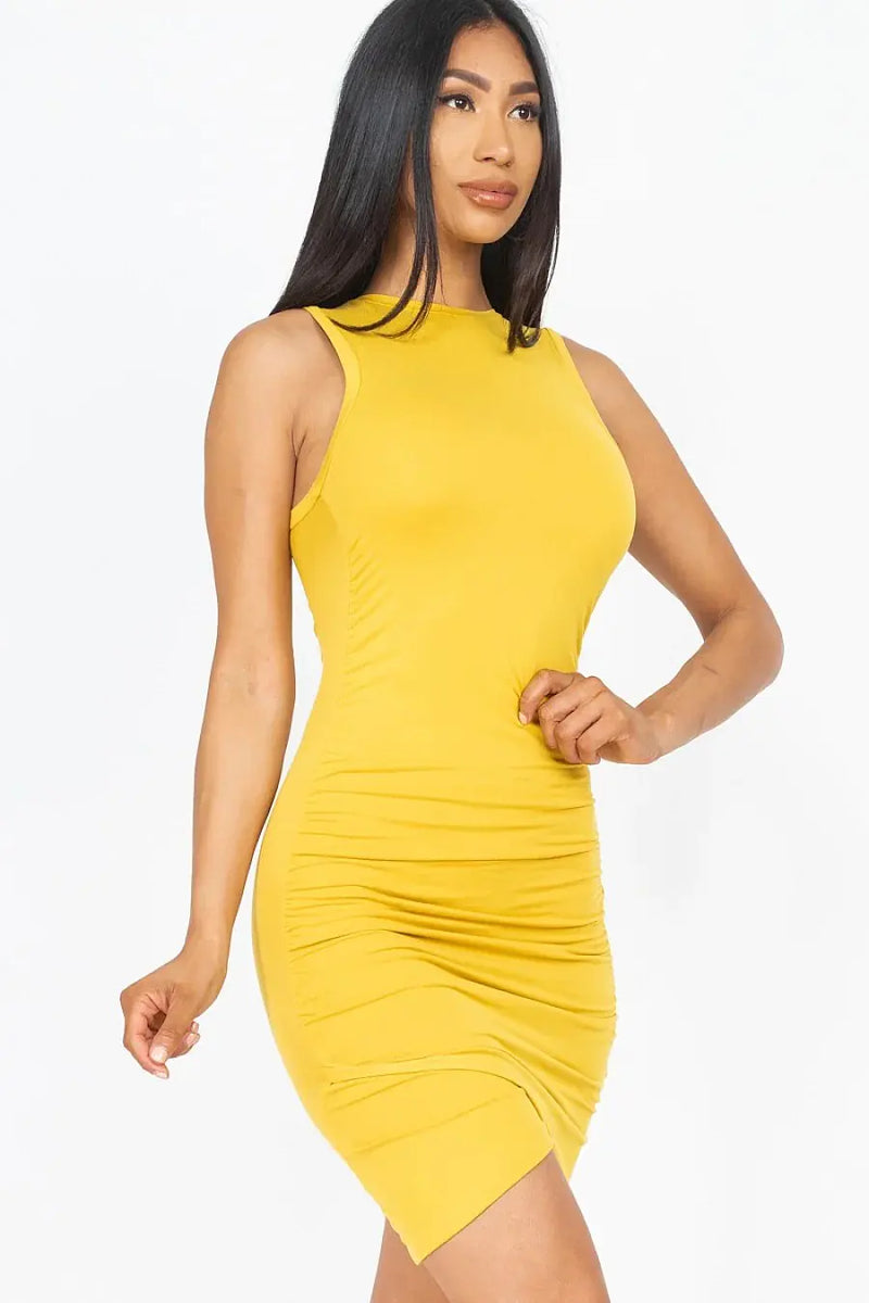 Shirred Bodycon Mini Dress- Stretch knit - Sleeveless