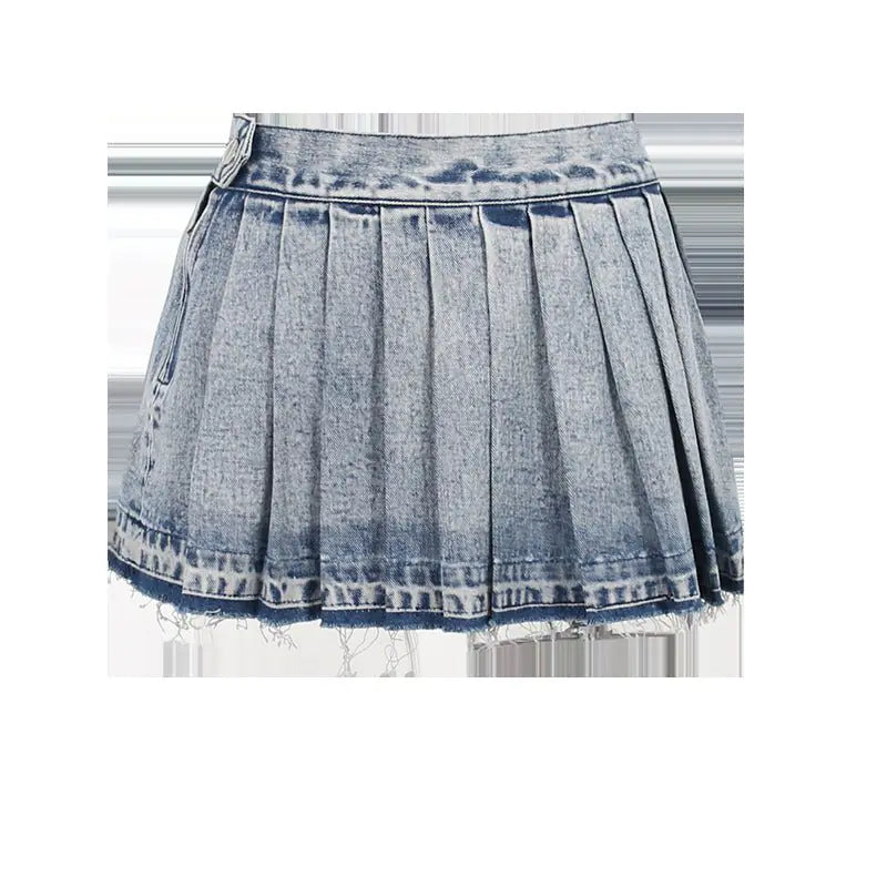 Pleated Washed Denim Mini Skirt