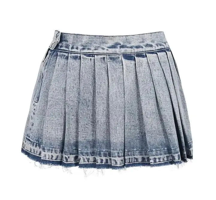 Pleated Washed Denim Mini Skirt