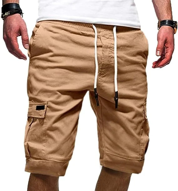 Men Casual Chino Cargo Shorts Elastic Waist Drawstring 6 Pockets