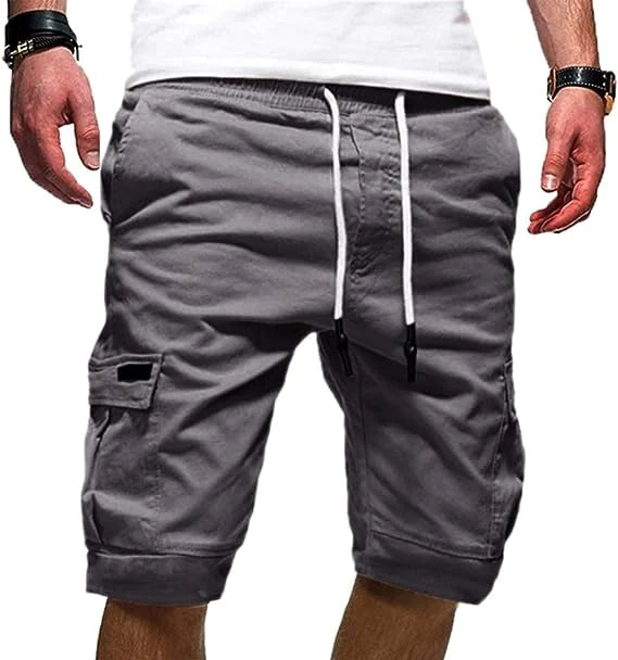 Men Casual Chino Cargo Shorts Elastic Waist Drawstring 6 Pockets