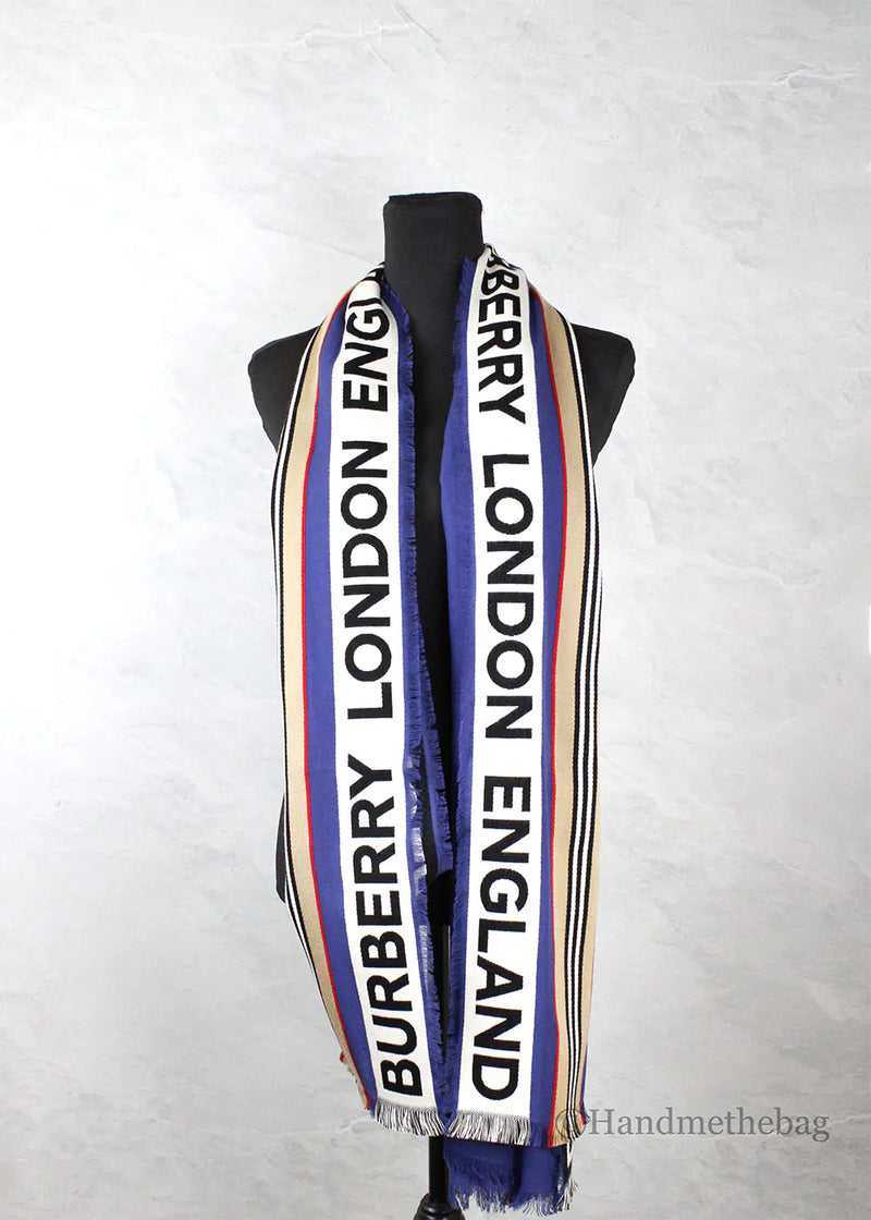 Burberry Ribbon Denim Blue England Heritage Stripe Cotton Scarf