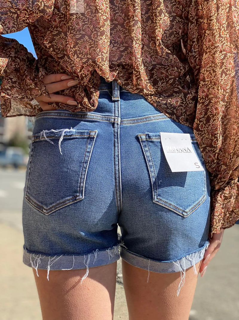 ZENANA DISTRESSED CUFFED RAW HEM DENIM SHORTS