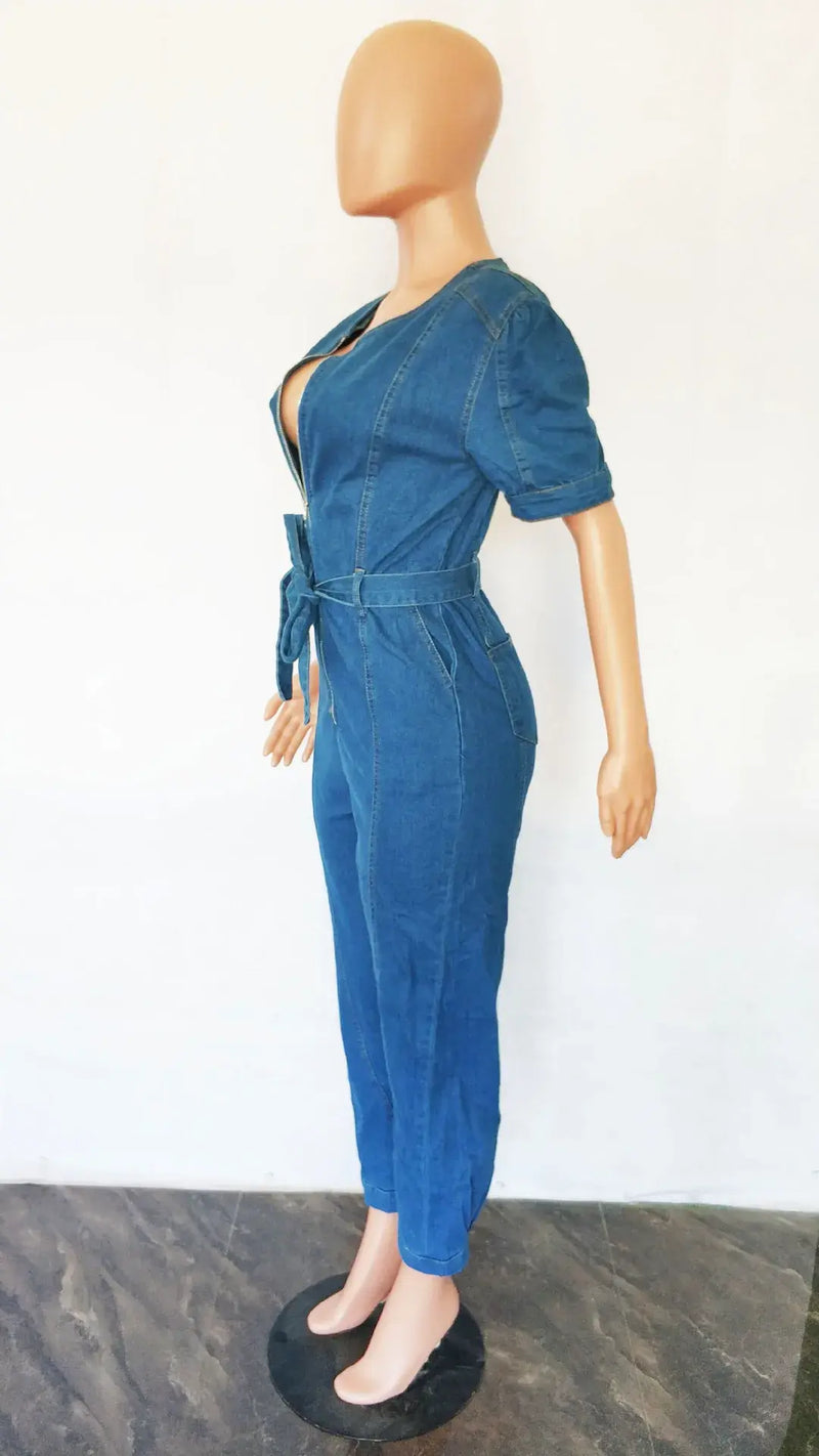 Blue V-Neck Denim Overalls