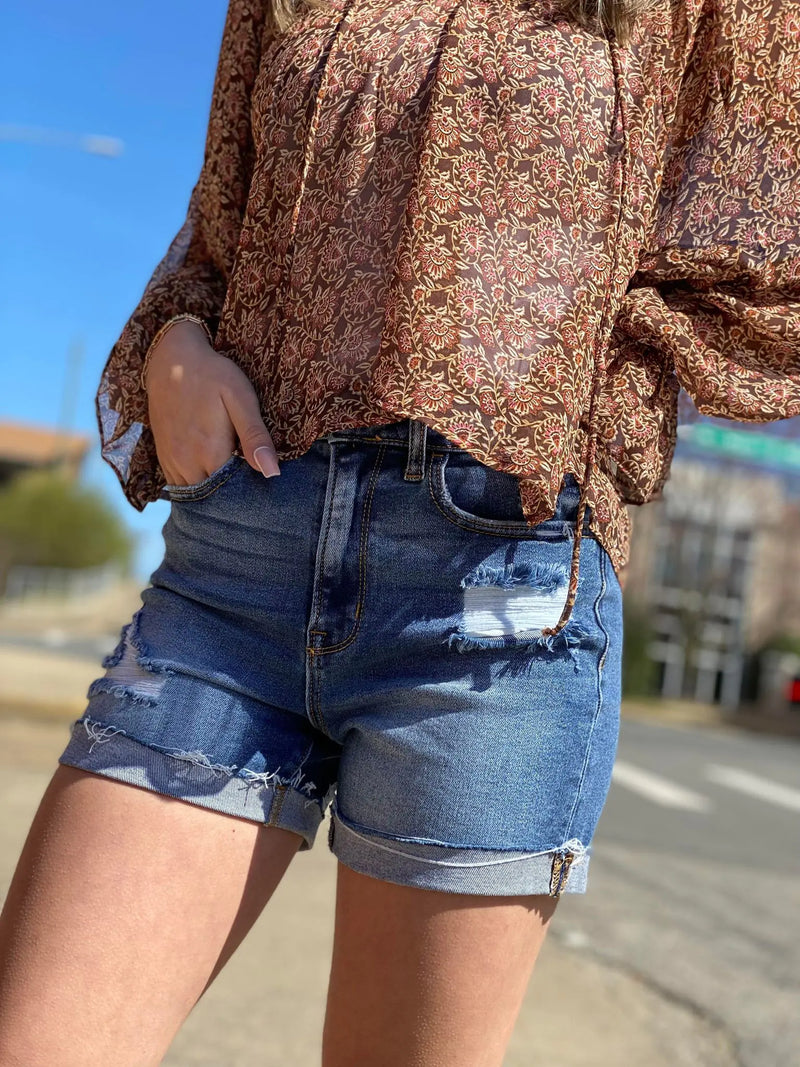 ZENANA DISTRESSED CUFFED RAW HEM DENIM SHORTS