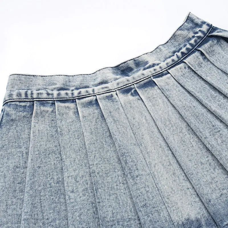 Pleated Washed Denim Mini Skirt