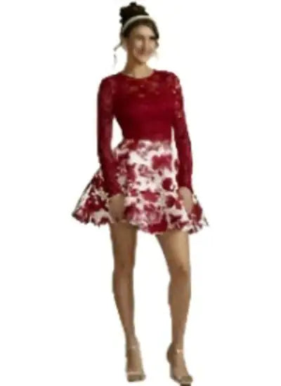 City Vibe Long-Sleeve Lace Top with Floral Skirt Two-Piece Dress