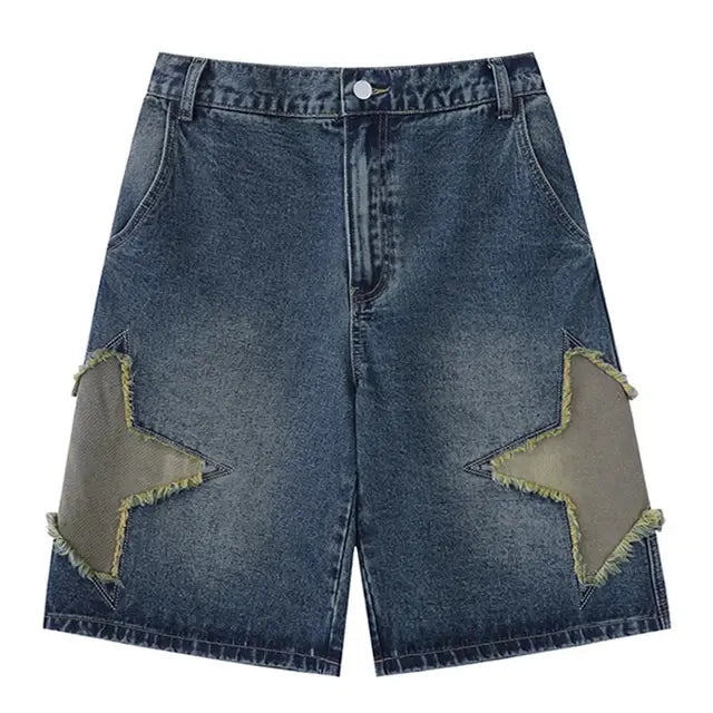 Retro Star Splicing Denim Shorts