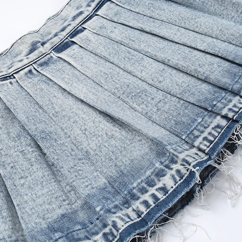 Pleated Washed Denim Mini Skirt