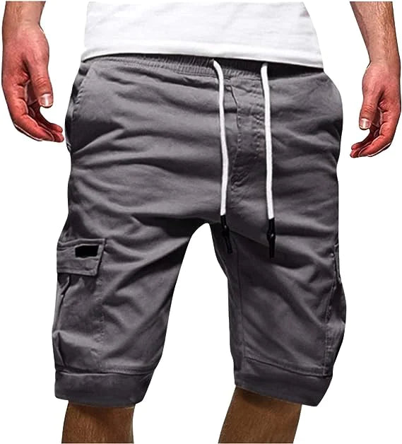 Men Casual Chino Cargo Shorts Elastic Waist Drawstring 6 Pockets