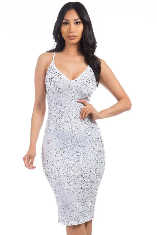 SEXY SEQUIN PARTY DRESS - V-Neck, Sleeveless, Fashion Style