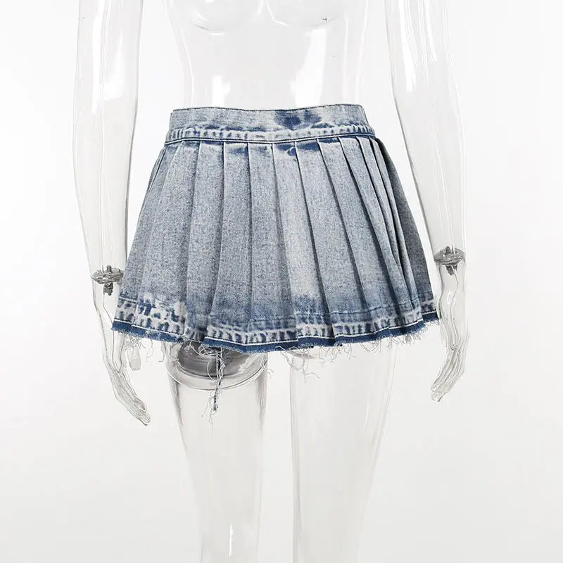 Pleated Washed Denim Mini Skirt