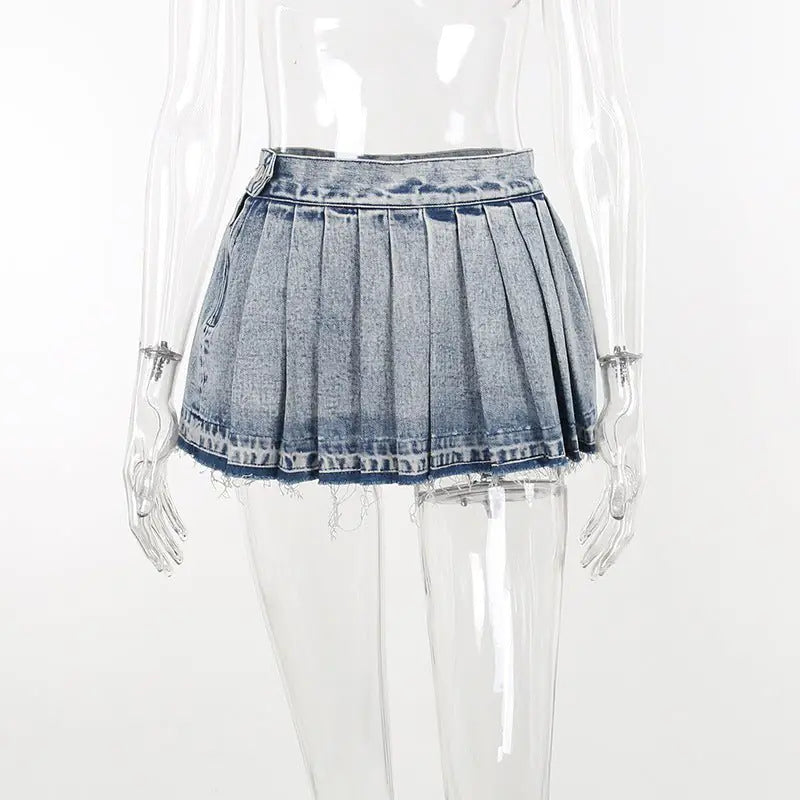 Pleated Washed Denim Mini Skirt