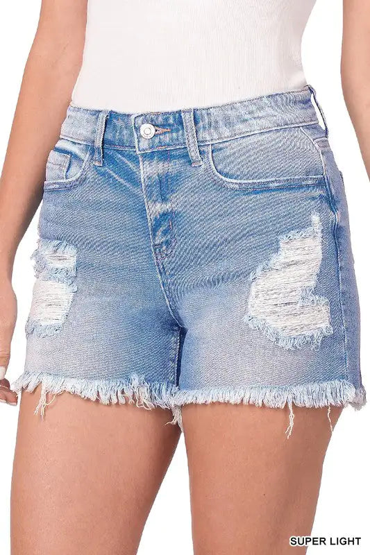 ZENANA DISTRESSED DENIM SHORTS