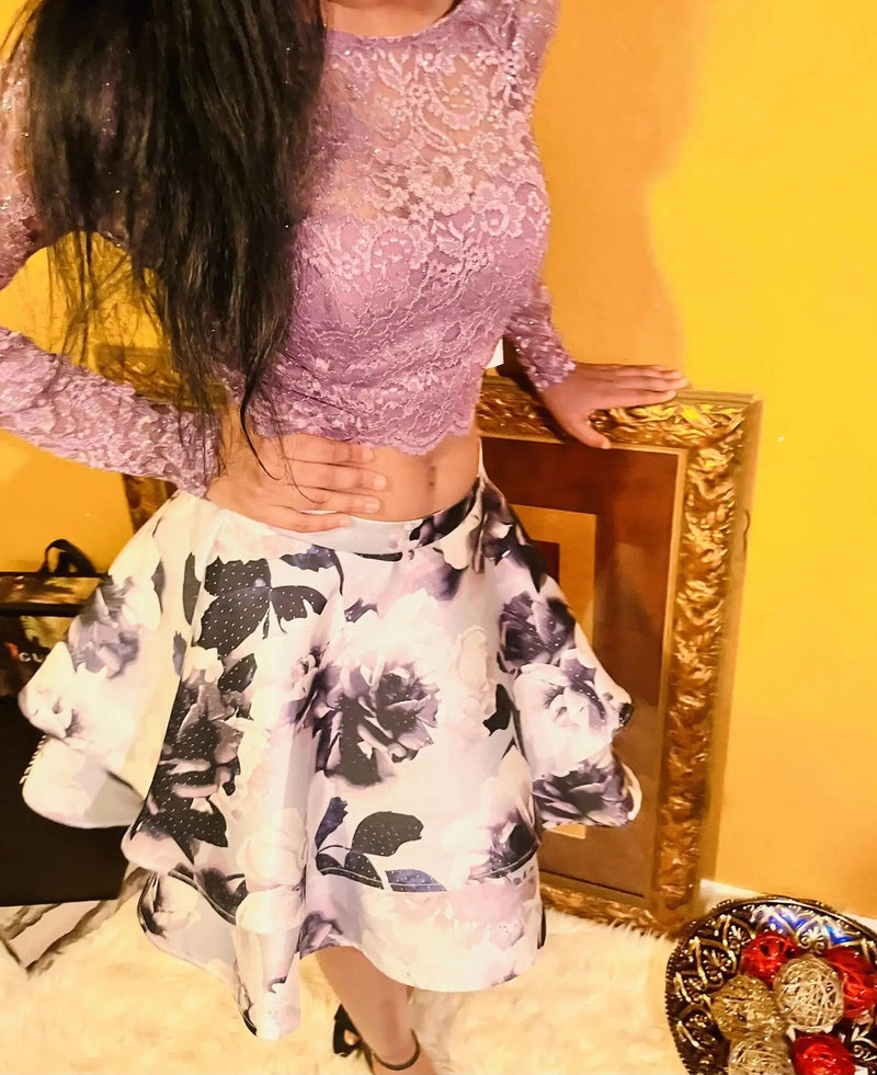 City Vibe Long-Sleeve Lace Top with Floral Skirt Two-Piece Dress