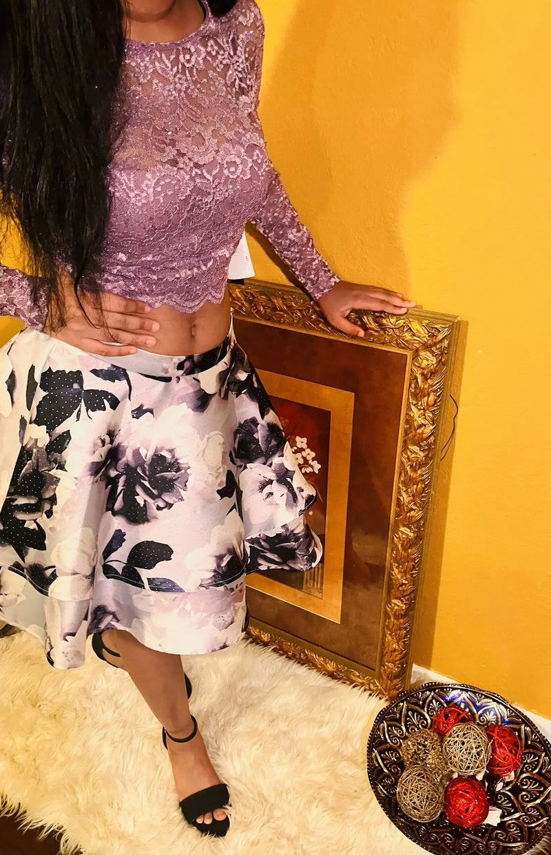 City Vibe Long-Sleeve Lace Top with Floral Skirt Two-Piece Dress