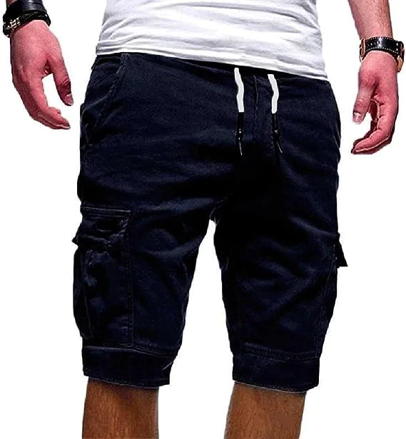 Men Casual Chino Cargo Shorts Elastic Waist Drawstring 6 Pockets