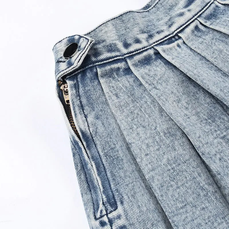 Pleated Washed Denim Mini Skirt