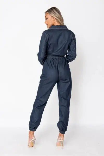 Indigo Zip Front Elasticated Hem Long Sleeve Denim Jumpsuit